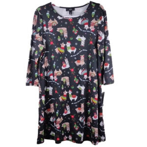 AGB Dress Black Multicolored Lama Print 3/4 Sleeve Holiday Shift Dress
